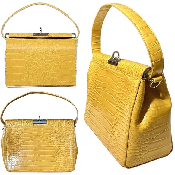 Top Handle Yellow Faux Crocodile Embossed Handbag Turn Lock Closure Like New - Picture 2 of 14